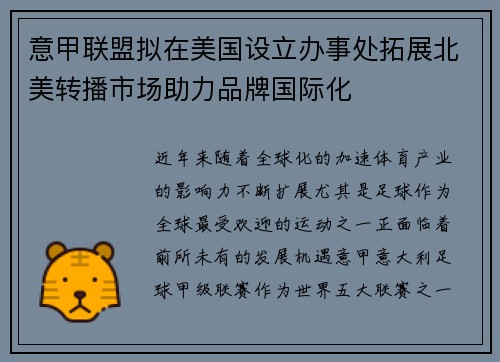 意甲联盟拟在美国设立办事处拓展北美转播市场助力品牌国际化