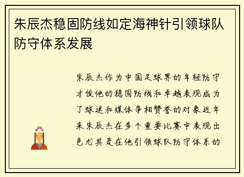 朱辰杰稳固防线如定海神针引领球队防守体系发展